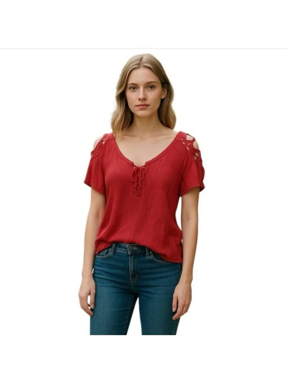 Free People Bohemian Crochet Shoulder Tie Neckline Faded Red Cotton Top Size S